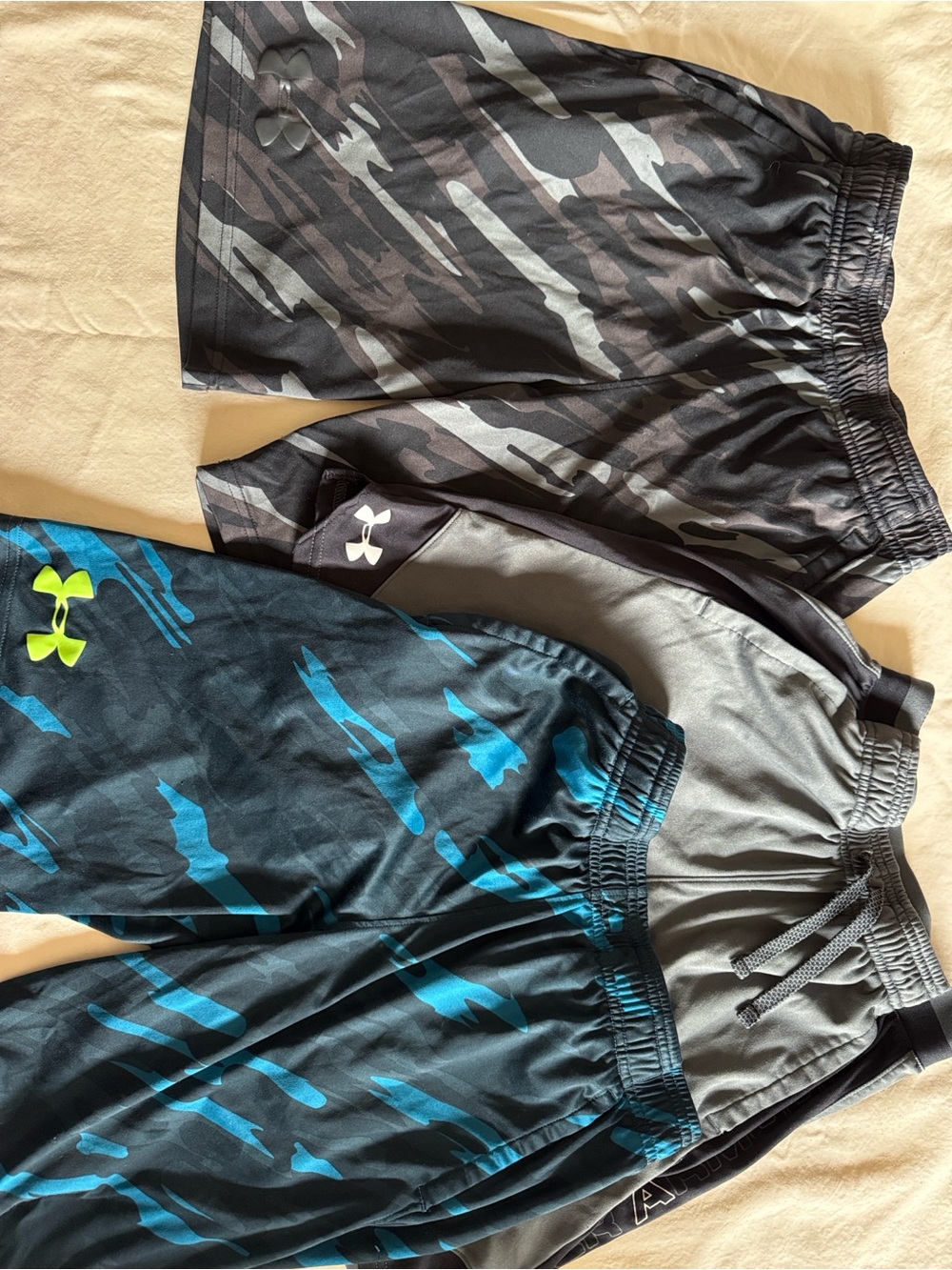 Under Armour Boys' Athletic Shorts, 3 pair, Black camo, blue camo, and grey